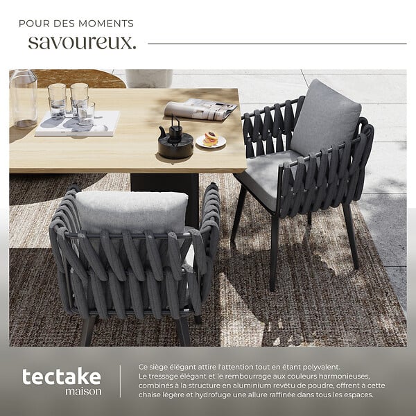 TECTAKE - Chaise confortable avec tressage corde alu gris anthracite coussin épais confortable pieds réglables - large