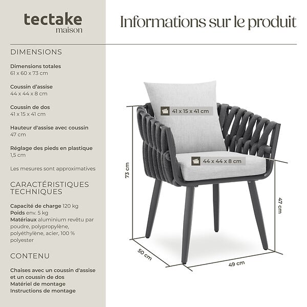 TECTAKE - Chaise confortable avec tressage corde alu gris anthracite coussin épais confortable pieds réglables - large