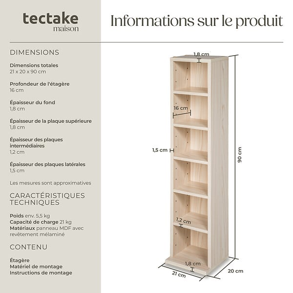 TECTAKE - Étagère Colonne Meuble de Rangement 6 compartiments 90x21x20cm marron hêtre - large