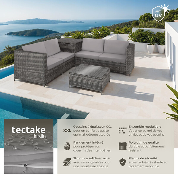 TECTAKE - Canapé de jardin Siena 4 places avec coffre de rangement gris/gris clair - large