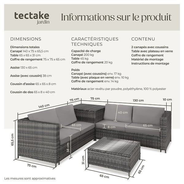 TECTAKE - Canapé de jardin Siena 4 places avec coffre de rangement gris/gris clair - large