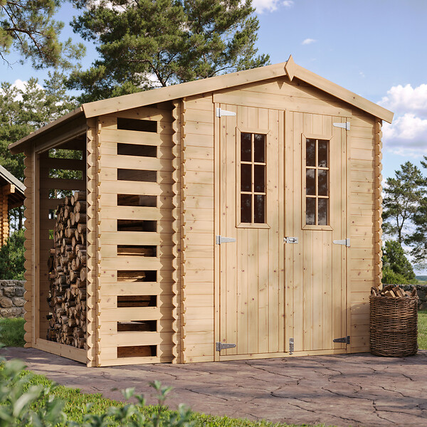 TIMBELA - TIMBELA M386C +M386G Abri de jardin en bois et range bûches I206xL272xH218 cm/ 3,53 + 0,97 m2 AVEC SOL TRAITÉ - large