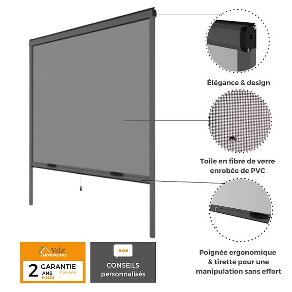 VOLET-MOUSTIQUAIRE - Moustiquaire enroulable verticale grise H145 cm x L130 cm - large