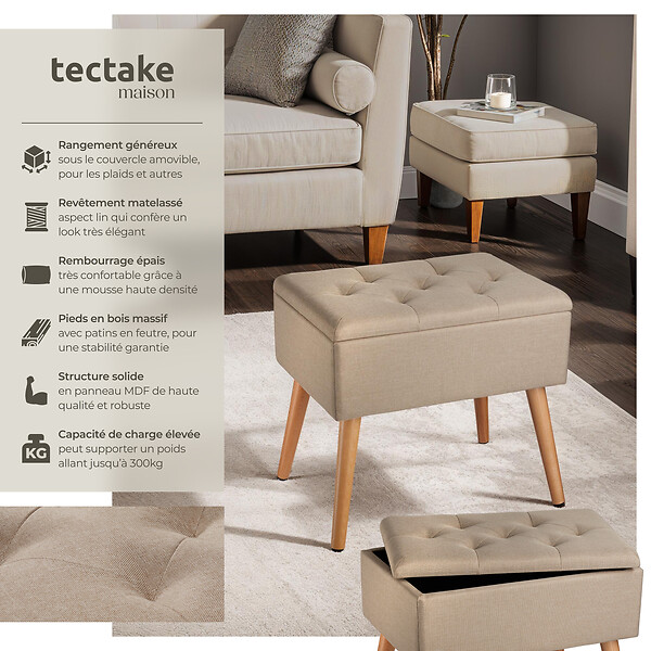 TECTAKE - Banc avec coffre de rangement aspect lin RANYA sable - large