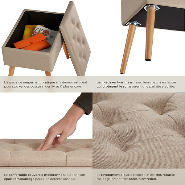 TECTAKE - Banc avec coffre de rangement aspect lin RANYA sable - large