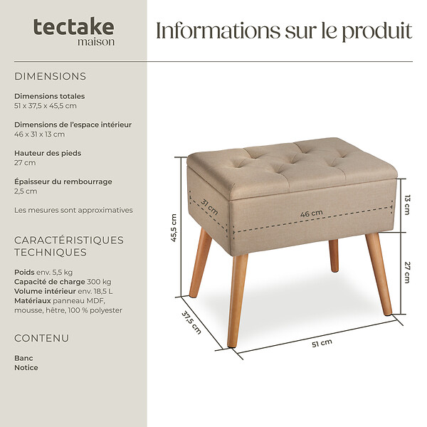 TECTAKE - Banc avec coffre de rangement aspect lin RANYA sable - large