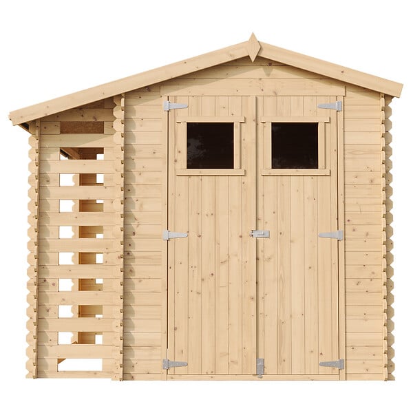 TIMBELA - Abri de jardin en bois et range bûches extérieur AVEC SOL TRAITÉ - extérieur I206xL272xH218 cm/ 3,53 + 0,97 m2 -  TIMBELA M386+M386G - large