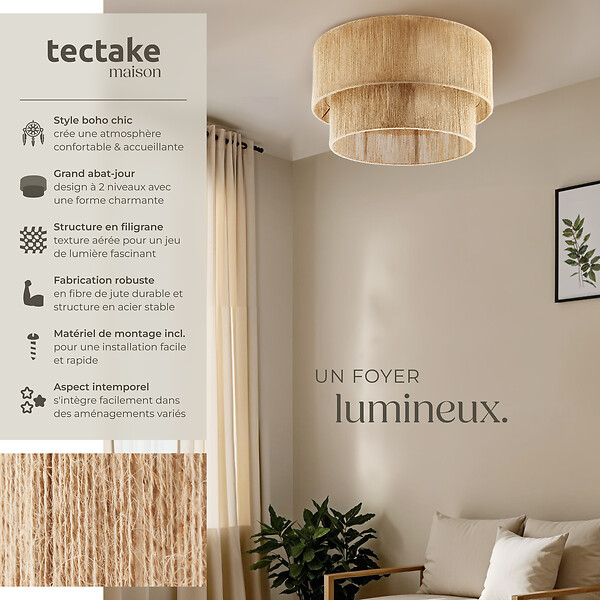 TECTAKE - Plafonnier Lignea Lux en jute de style bohème, 40W marron - large