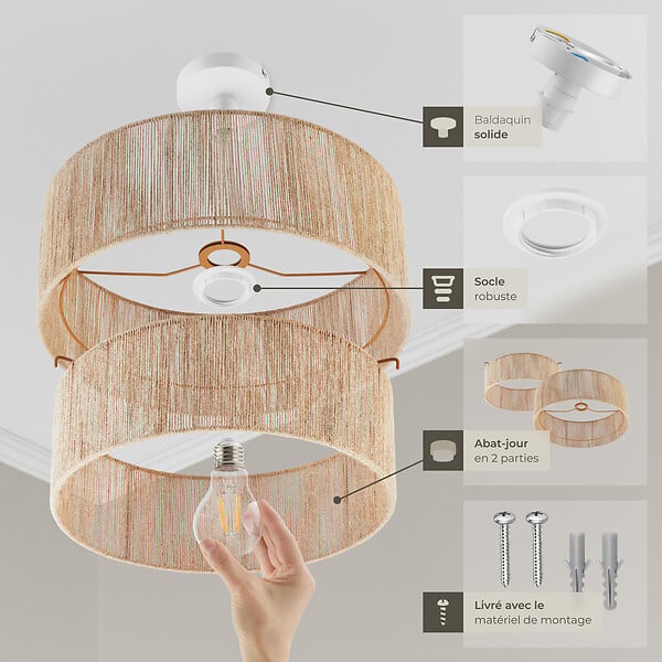 TECTAKE - Plafonnier Lignea Lux en jute de style bohème, 40W marron - large