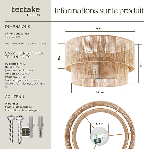 TECTAKE - Plafonnier Lignea Lux en jute de style bohème, 40W marron - large