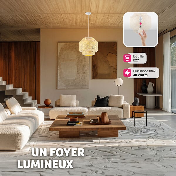 TECTAKE - Plafonnier Lignea Lux en bambou, de style bohème, 40W marron - large
