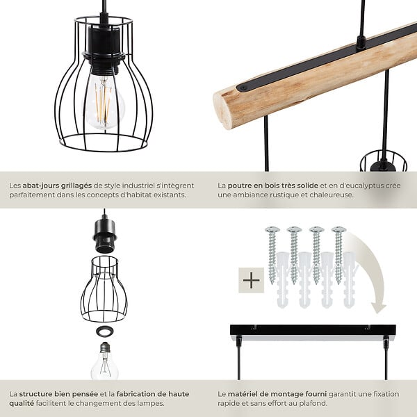 TECTAKE - Lampes suspendues WOODY poutre en bois et 4 ampoules 40 W noir/marron - large