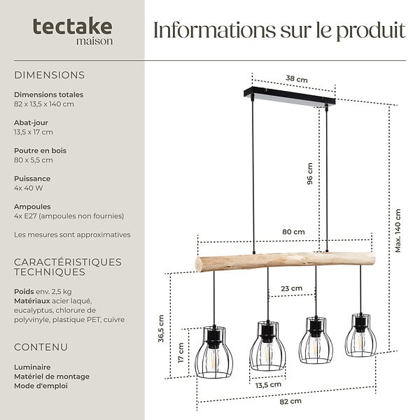 TECTAKE - Lampes suspendues WOODY poutre en bois et 4 ampoules 40 W noir/marron - large