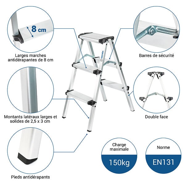 HOSTRÃ–M - Escabeau marche pied 3 marches HOMILIX3, petit escabeau pliable, aluminium, design compact et robuste, H max travail 2,34m, 5 ans garantie, Hostrom - large