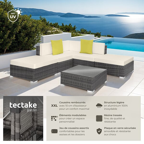 TECTAKE - Salon en rotin avec structure en aluminium Paris gris - large