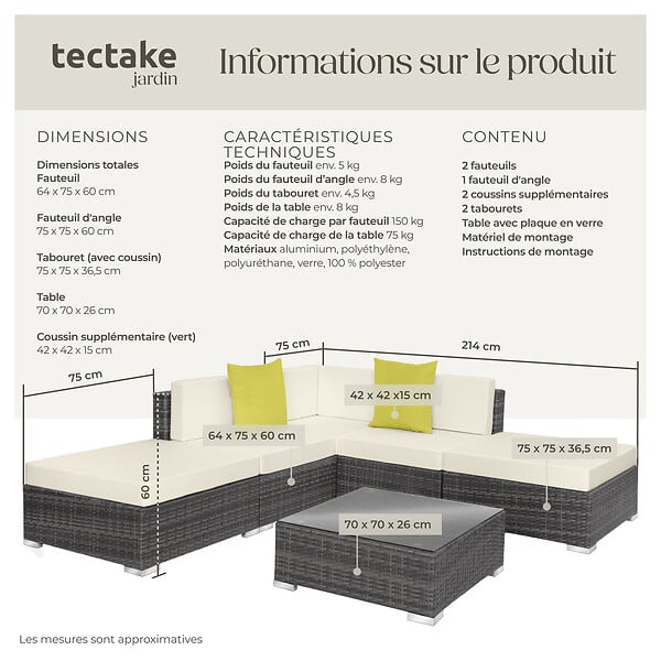 TECTAKE - Salon en rotin avec structure en aluminium Paris gris - large