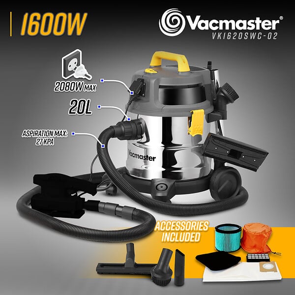 VACMASTER - Aspirateur eau et poussières 1600W - 20L inox - 27 Kpa avec prise intégrée - large