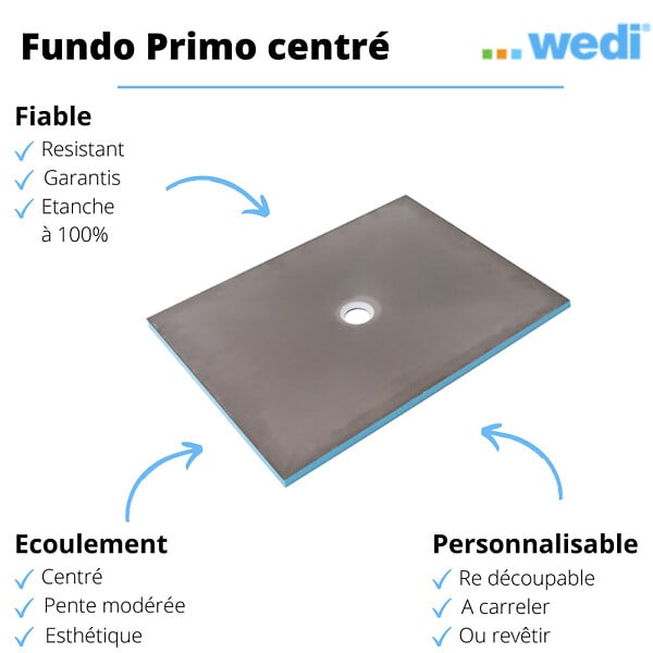 WEDI - Receveur de douche à carreler 150 x 150 Fundo Primo carré écoulement centrée + bonde horizontale + kit d'étanchéité - large
