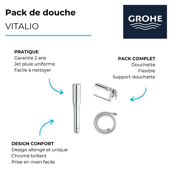 GROHE - Pack douchette 1 jet Vitalio Get Stick + Flexible 1500 chromé + Support pour douchette - large