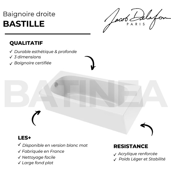 JACOB DELAFON - Baignoire droite 160 x 70 Bastille blanc brillant - large