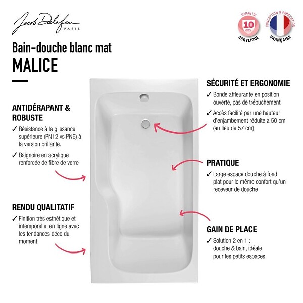 JACOB DELAFON - Baignoire bain douche Malice antidérapante + nettoyant 170 x 90 version droite - large