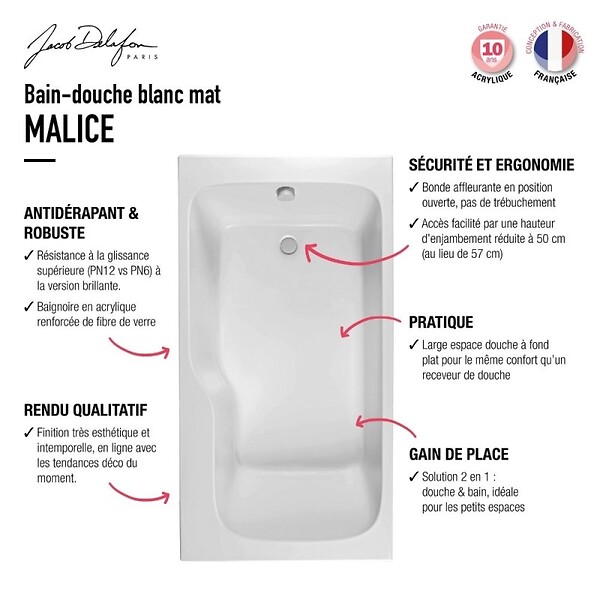 JACOB DELAFON - Baignoire bain douche Malice, antidérapant, version Gauche Blanc mat 170x90cm - large