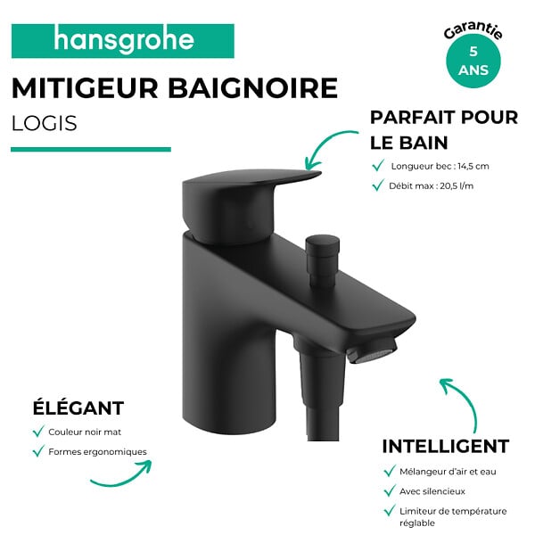 HANSGROHE - Mitigeur bain/douche mécanique Logis C2 noir mat - large