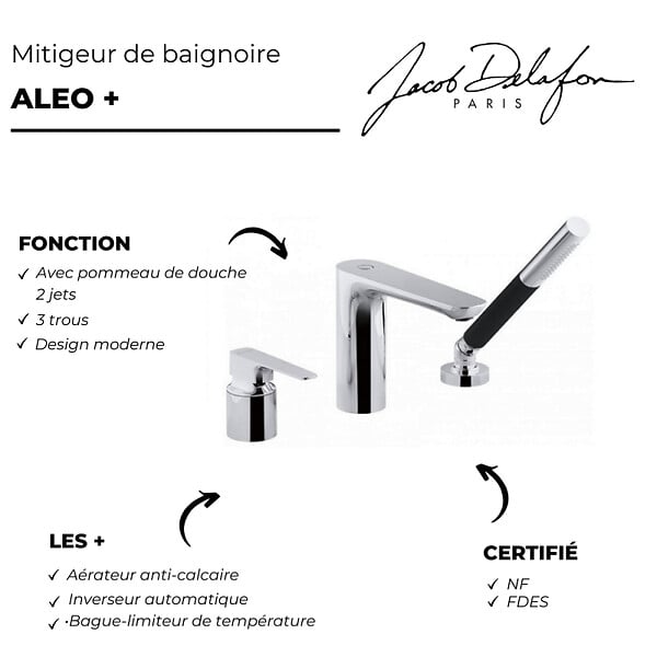 JACOB DELAFON - Mitigeur baignoire Aleo+ 3 trous + pommeau de douche + flexible - large