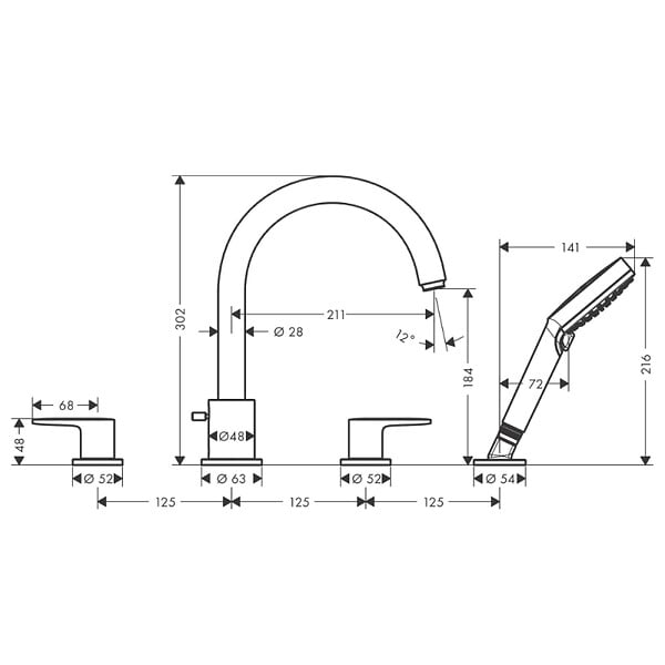 HANSGROHE - Hansgrohe Vernis Blend Set de finition mélangeur 4 trous sur bord de baignoire, Noir mat (71456670) - large