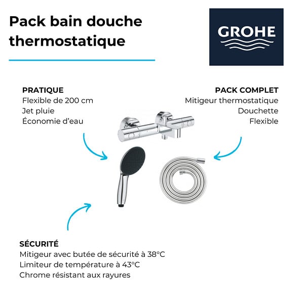 GROHE - Pack mitigeur bain douche thermostatique Precision Get +  Douchette Vitalio Start 100 + Flexible 2000 - large