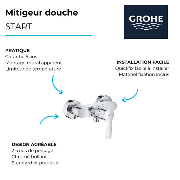GROHE - Pack mitigeur de douche Grohe Start 2021 avec ensemble de douche 2 jets chromé - large