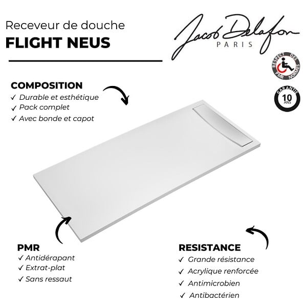 JACOB DELAFON - Receveur de douche antidérapant 150 x 80 Flight Neus acrylique rectangle blanc + bonde + capot - large
