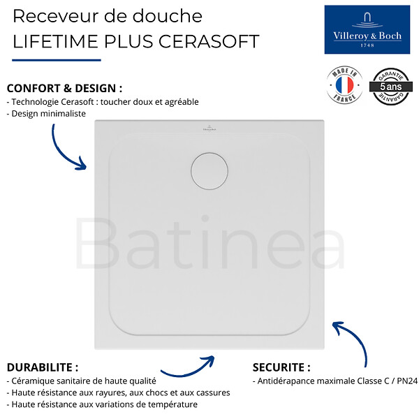 VILLEROY ET BOCH - Receveur de douche antidérapant 100 x 100  Lifetime Plus Cerasoft céramique blanc - large
