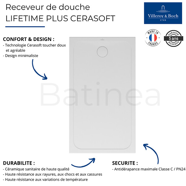 VILLEROY ET BOCH - Receveur de douche antidérapant 140 x 80  Lifetime Plus Cerasoft céramique blanc - large