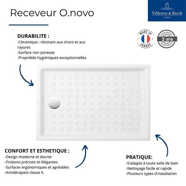 VILLEROY ET BOCH - Receveur O.NOVO extra plat - rectangulaire - Dimensions : 100 X 80 cm - Couleur : BLANC- réf : 60618001 - VILLEROY ET BOCH - large