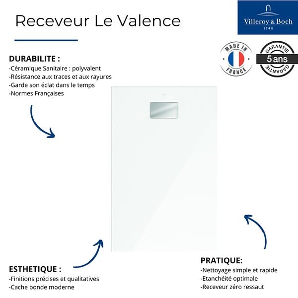 VILLEROY ET BOCH - Receveur de douche zéro ressaut 140 x 90  Le Valence céramique avec cache bonde - large