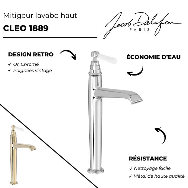 JACOB DELAFON - Mitigeur lavabo haut Cléo 1889 or beige + nettoyant Briochin - large
