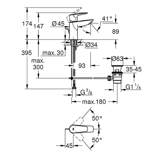 GROHE - Mitigeur lavabo Quickfix Start Edge avec tirette et vidage taille S + microfibre - large