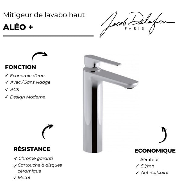 JACOB DELAFON - Lot de 2 mitigeurs lavabo haut Aleo+ sans vidage chromés - large
