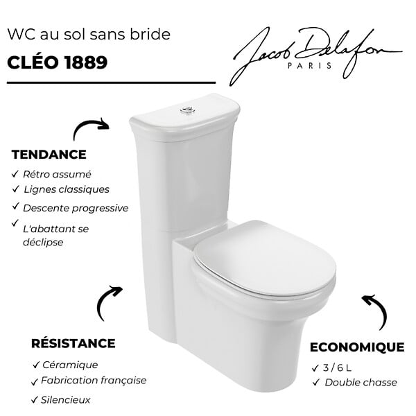 JACOB DELAFON - WC à poser sans bride sortie universelle Cléo 1889 avec abattant extra-plat frein de chute - large