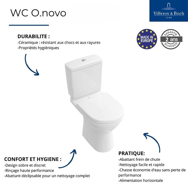 VILLEROY ET BOCH - WC à poser sortie verticale O.novo avec abattant frein de chute + nettoyant - large