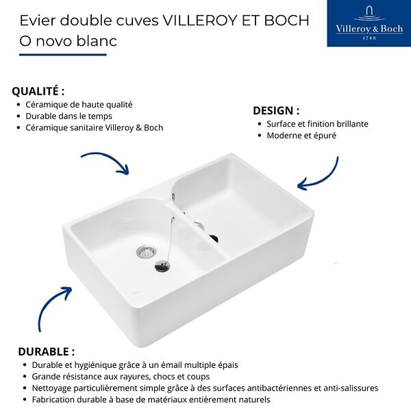 VILLEROY & BOCH - Evier 2 bacs BIBAC O.NOVO - Dimensions : 80 x 50 x 22 cm - couleur : BLANC- réf : 63310001 - VILLEROY ET BOCH - large