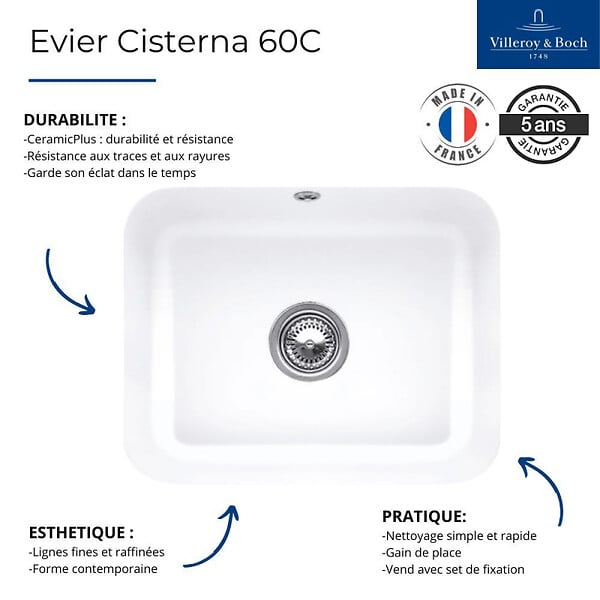 VILLEROY ET BOCH - Evier 1 bac  Cisterna 60C Chromite CeramicPlus avec vidage manuel - large