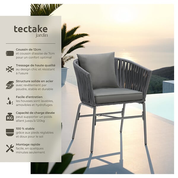 TECTAKE - Lot de 6 chaises au design corde tressée épaisseur des coussins d'assise 7 cm gris - large