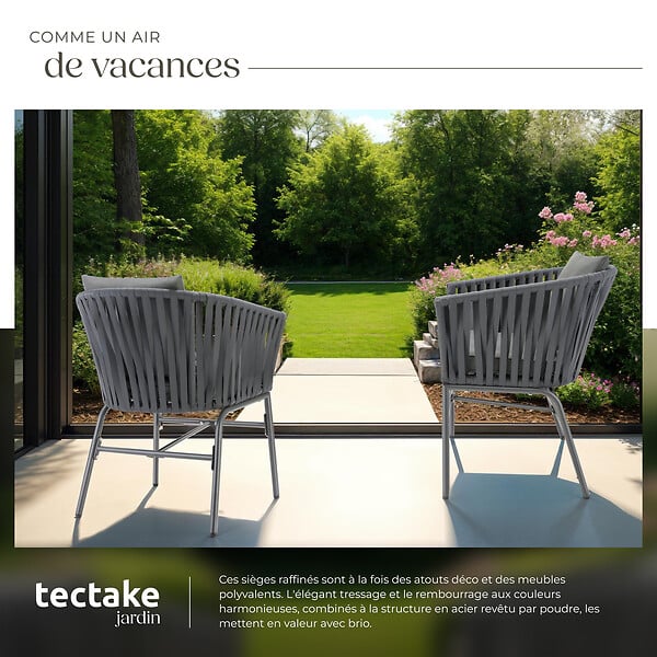 TECTAKE - Lot de 6 chaises au design corde tressée épaisseur des coussins d'assise 7 cm gris - large