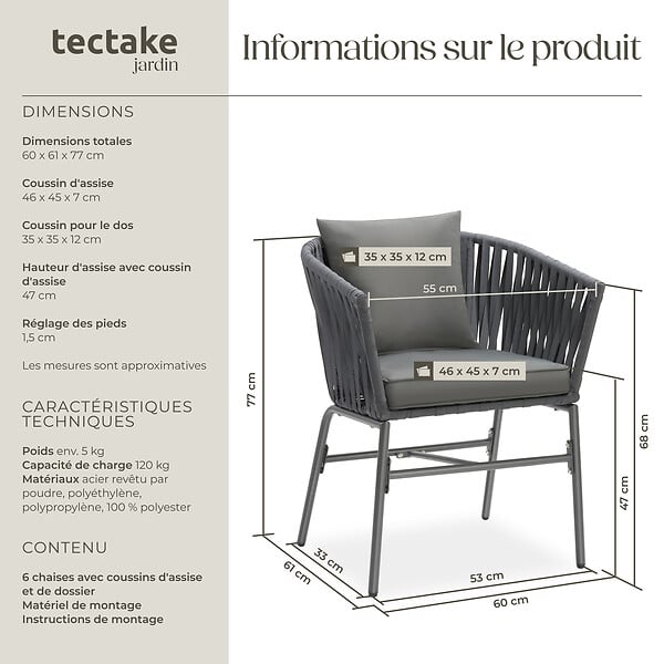 TECTAKE - Lot de 6 chaises au design corde tressée épaisseur des coussins d'assise 7 cm gris - large