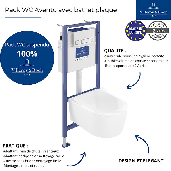 VILLEROY ET BOCH - Pack WC suspendu sans bride  Avento + Bâti support ViConnect Pro + abattant frein de chute + plaque chromée mat - large