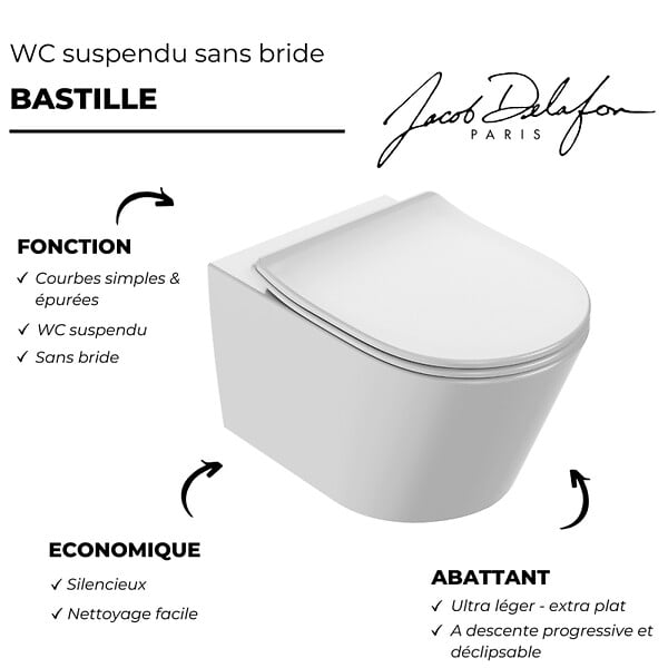 JACOB DELAFON - Cuvette WC suspendu sans bride Bastille avec abattant frein de chute et déclipsable - large