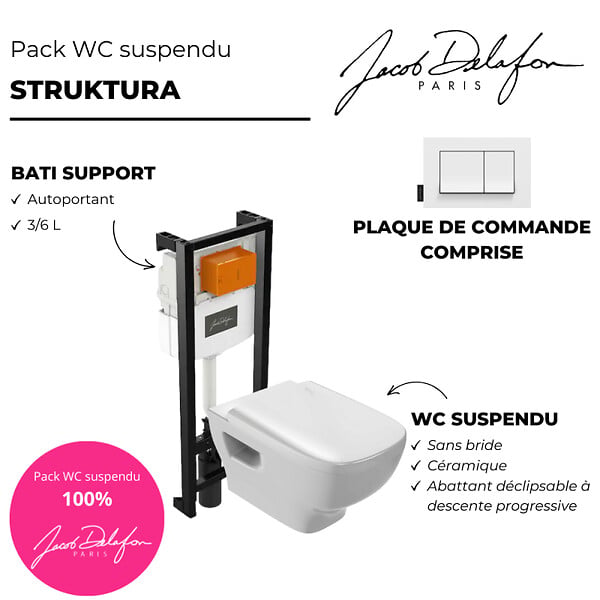 JACOB DELAFON - Pack WC suspendu sans bride Struktura avec abattant + bâti support + plaque - large