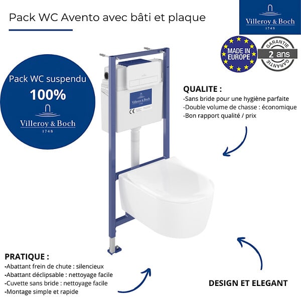 VILLEROY ET BOCH - Pack WC suspendu sans bride  Avento + Bâti support ViConnect Pro + abattant frein de chute + plaque blanche - large